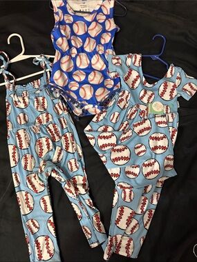 2 Gigi& Max Baseball Rompers and a Blue Baseball-Print Kids One-Piece Romper
